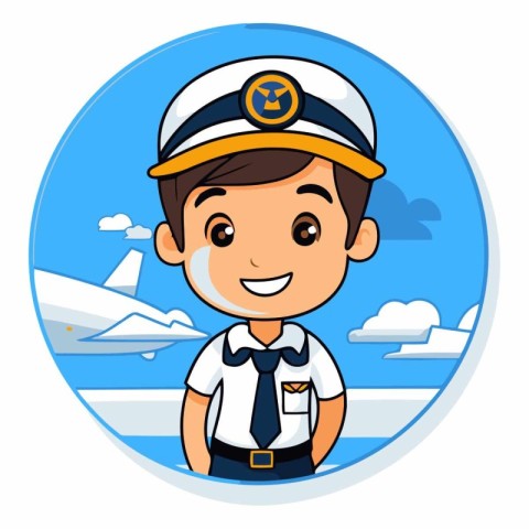 Cute pilot character in round icon. Cartoon illustration of cute