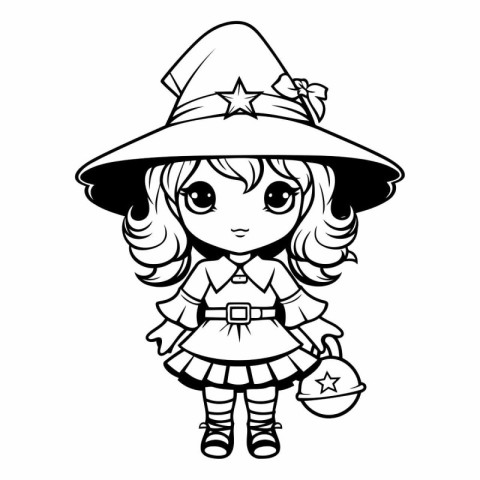 Black and White Cartoon Illustration of Cute Little Witch Girl C