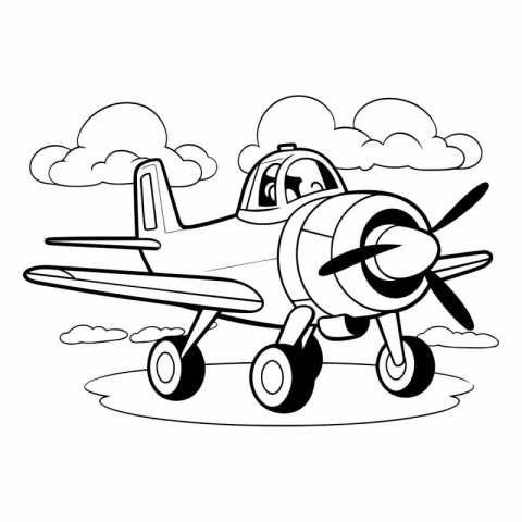 airplane flying with clouds icon cartoon in black and white vect