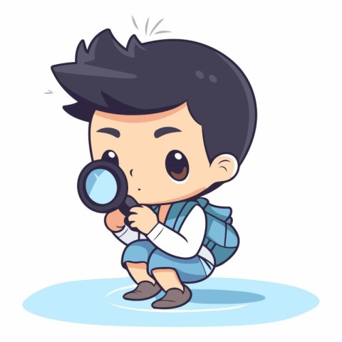 Boy looking through a magnifying glass. Vector cartoon character