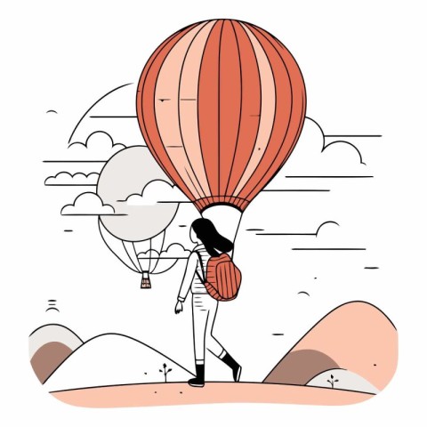 Young woman with a backpack and hot air balloon.