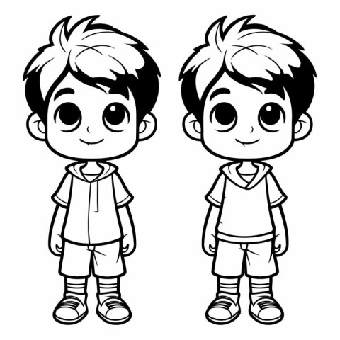 Cute boy and girl cartoon in black and white vector illustration