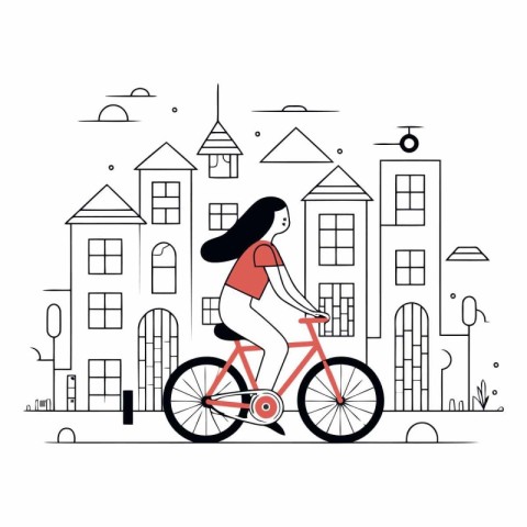 Vector illustration of a girl riding a bicycle in the city. Line