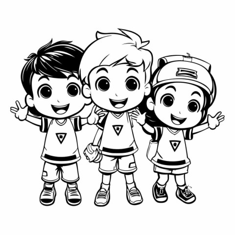 Group of happy kids. Black and white vector illustration for col