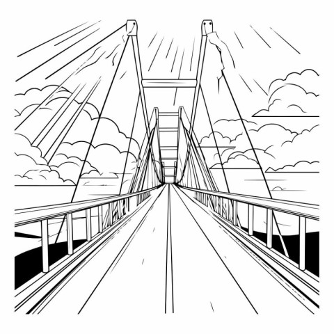 Suspension bridge over the river. Black and white vector illustr