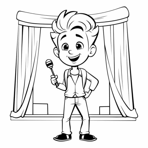 Boy singing with microphone cartoon on stage with curtains vecto