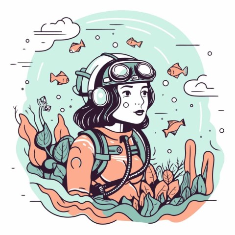 Vector illustration of a girl in a spacesuit with a diver helmet