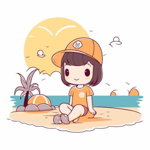 Illustration of a Cute Little Girl Sitting on the Sand at the Be