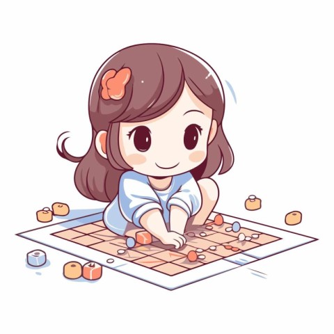 Illustration of a Cute Little Girl Playing Board Game on a White