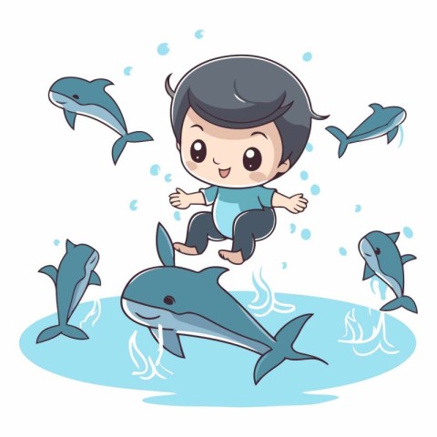 cute little boy jumping in the water with dolphin vector illustr