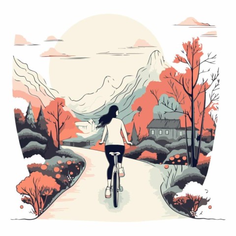 Vector illustration of a girl riding a bicycle in the autumn for