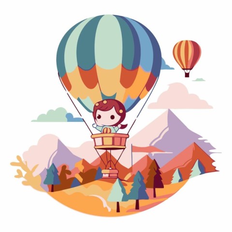 Boy flying on hot air balloon in the mountains.