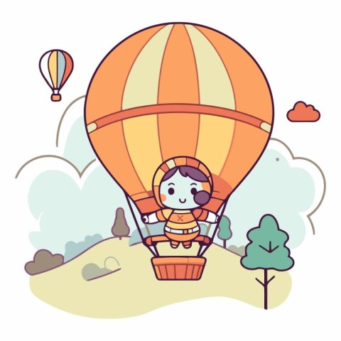 Cute little girl flying in hot air balloon.