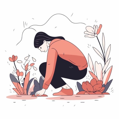 Vector illustration of a woman who is squatting in the garden.