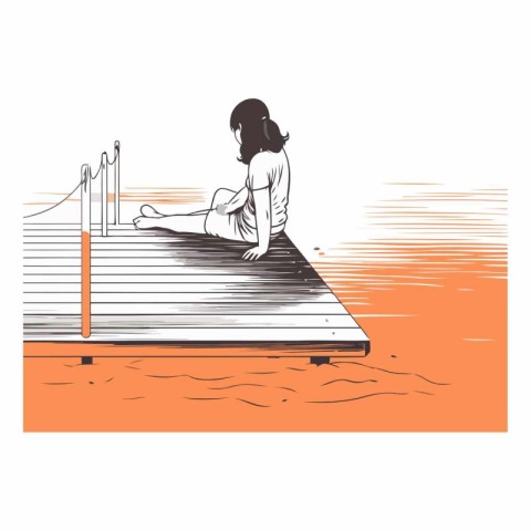 Girl sitting on the wooden pier in sketch style.