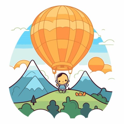 Cute little boy flying on hot air balloon.