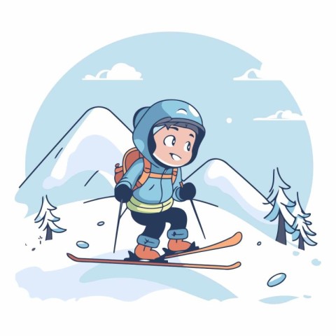 Boy skiing in the mountains in a flat style.