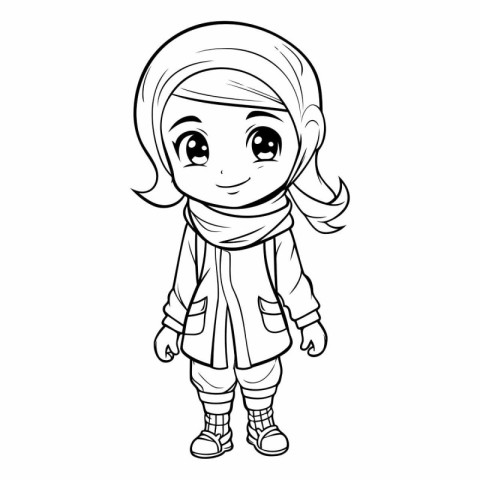 Cute little girl in winter clothes for coloring book.