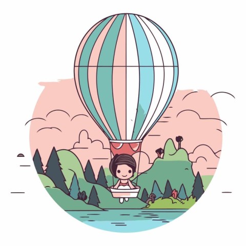 cute little girl in hot air balloon in the landscape vector illu