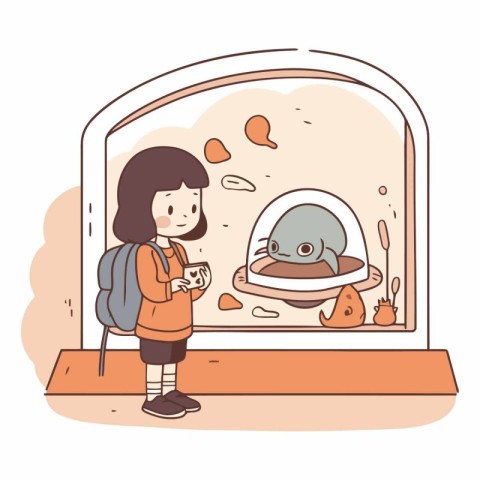 Illustration of a little girl looking at an alien in a museum