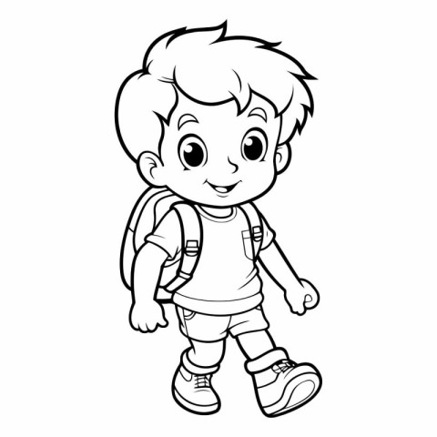 Cute boy with backpack for coloring book or page.