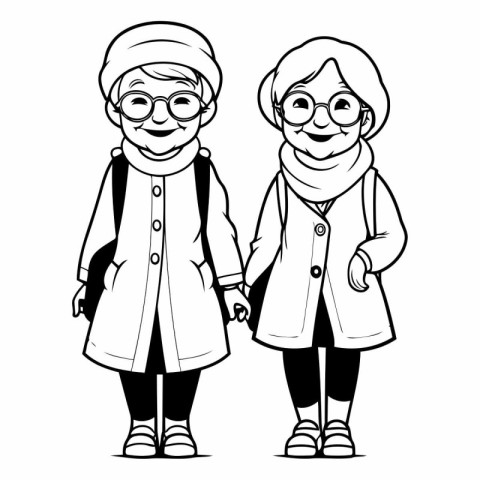 Outline of a grandmother and grandfather with a backpack.