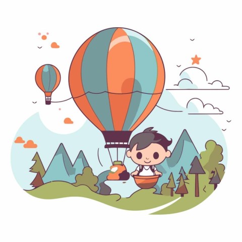 Cute little boy flying in hot air balloon. Flat design vector il