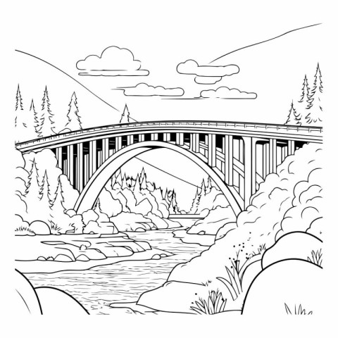 Bridge over the river. Black and white illustration for coloring