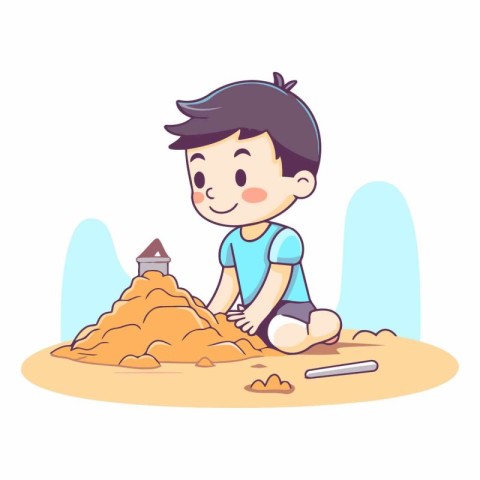 Boy playing with sand at beach in cartoon style.