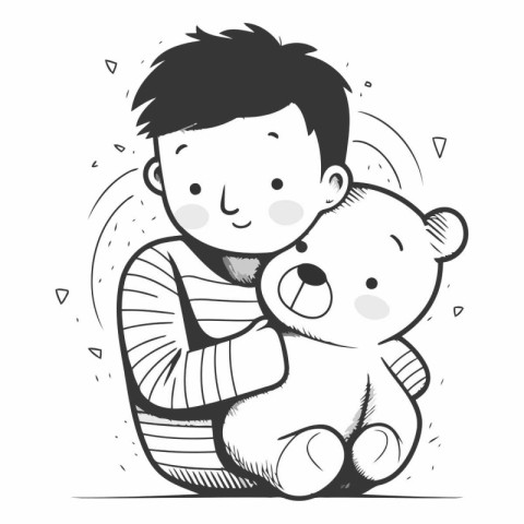 Illustration of a boy hugging a teddy bear.