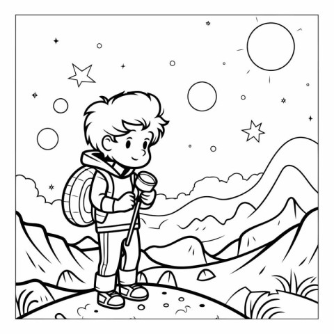 Black and White Cartoon Illustration of a Boy Hiking in the Moun