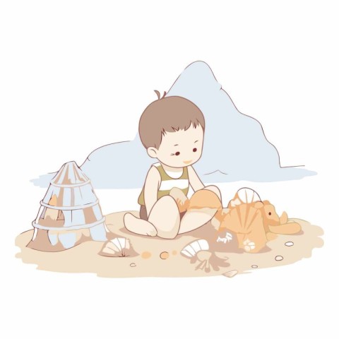 Cute little boy sitting on the sand and playing with shells.