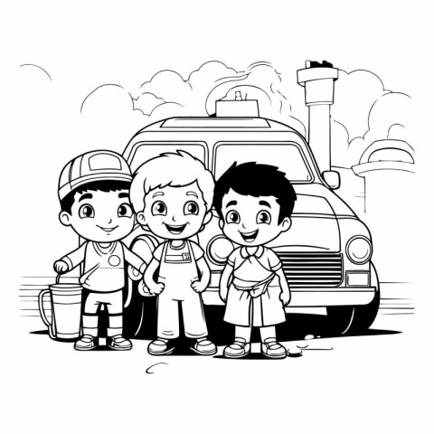 Children with car and fire engine in the park vector illustratio