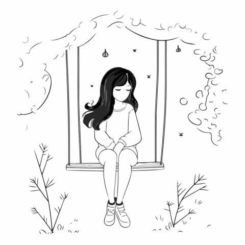 Girl sitting on a swing. Black and white vector illustration for