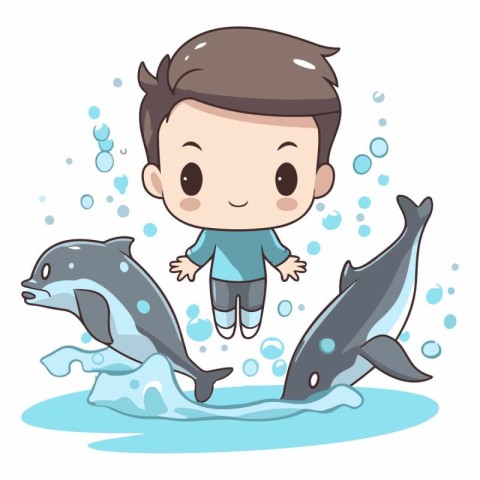 cute boy swimming with dolphin on white background.