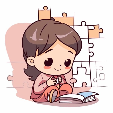 Little girl reading a book and jigsaw puzzle.