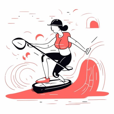 Vector illustration of a woman on a stand-up paddleboard.