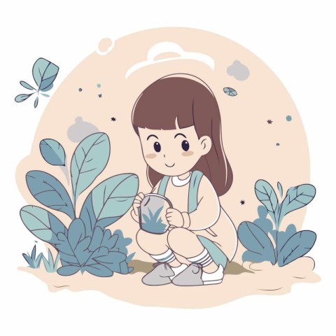 Cute little girl playing in the garden in cartoon style.