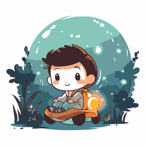 Boy riding a scooter in the park. Vector cartoon illustration.