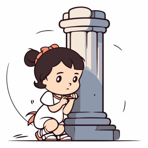 Illustration of a Cute Little Girl Sitting Next to a Column