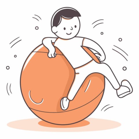 Little boy sitting on an inflatable ball in cartoon style.