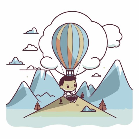 Cute boy in a hot air balloon in the mountains.