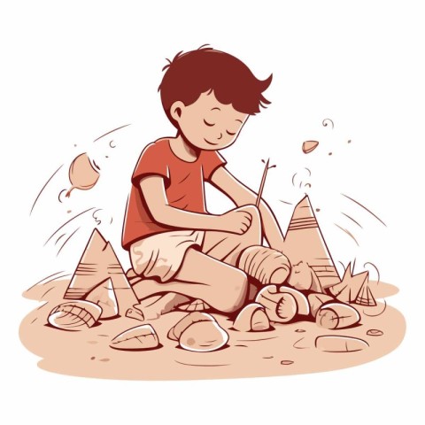 Vector illustration of a boy playing with sand and stones. Carto