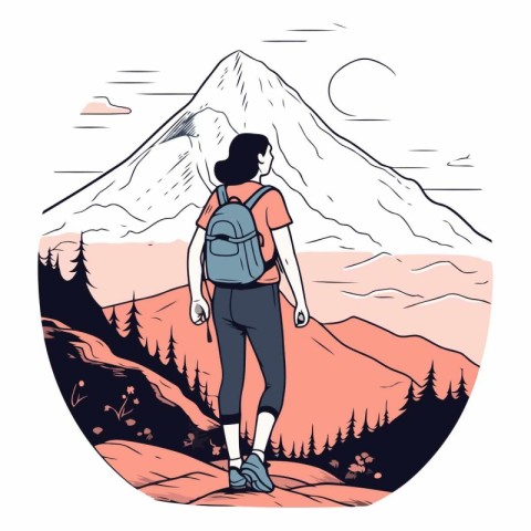 Vector illustration of a young woman hiker with a backpack stand