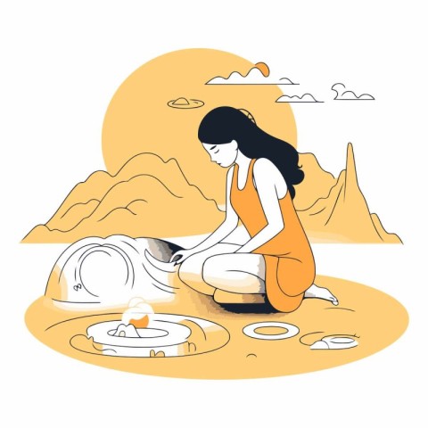 Woman making hot spring in desert in cartoon style.