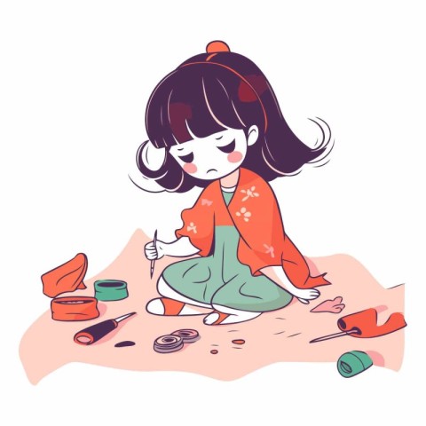 Little girl painting on the sand in cartoon style.