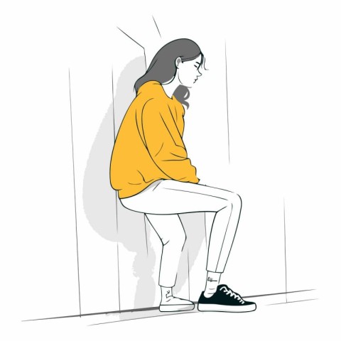 Vector illustration of a girl in a yellow sweater and jeans sitt