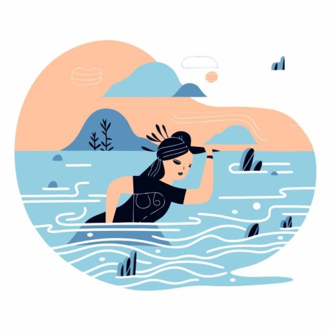 Water sport. Woman swimming in the sea. Flat vector illustration