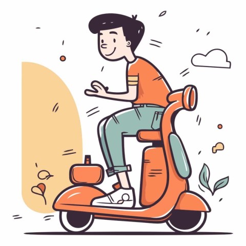 Young man riding a scooter in cartoon style.