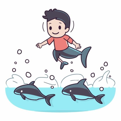 Little boy jumping in the water with dolphins. Vector cartoon il